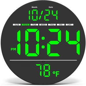 Digital Wall Clock with Large LED Display, Auto-Brightness, Temperature, Low-Reflectivity, Small Silent Non-Ticking Modern Electric Wall Clock for Bedroom, Living Room, Office, Classroom, Farmhouse (Green)