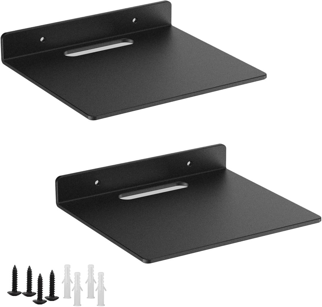 Small Floating Shelf 3mm Thick, 6.5 inch, Wall Shelf, Metal Floating Shelves for Echo, Cameras, Small Speaker, Wall Shelves for Bathroom, Living Room, Bedroom (Black 2 pcs)