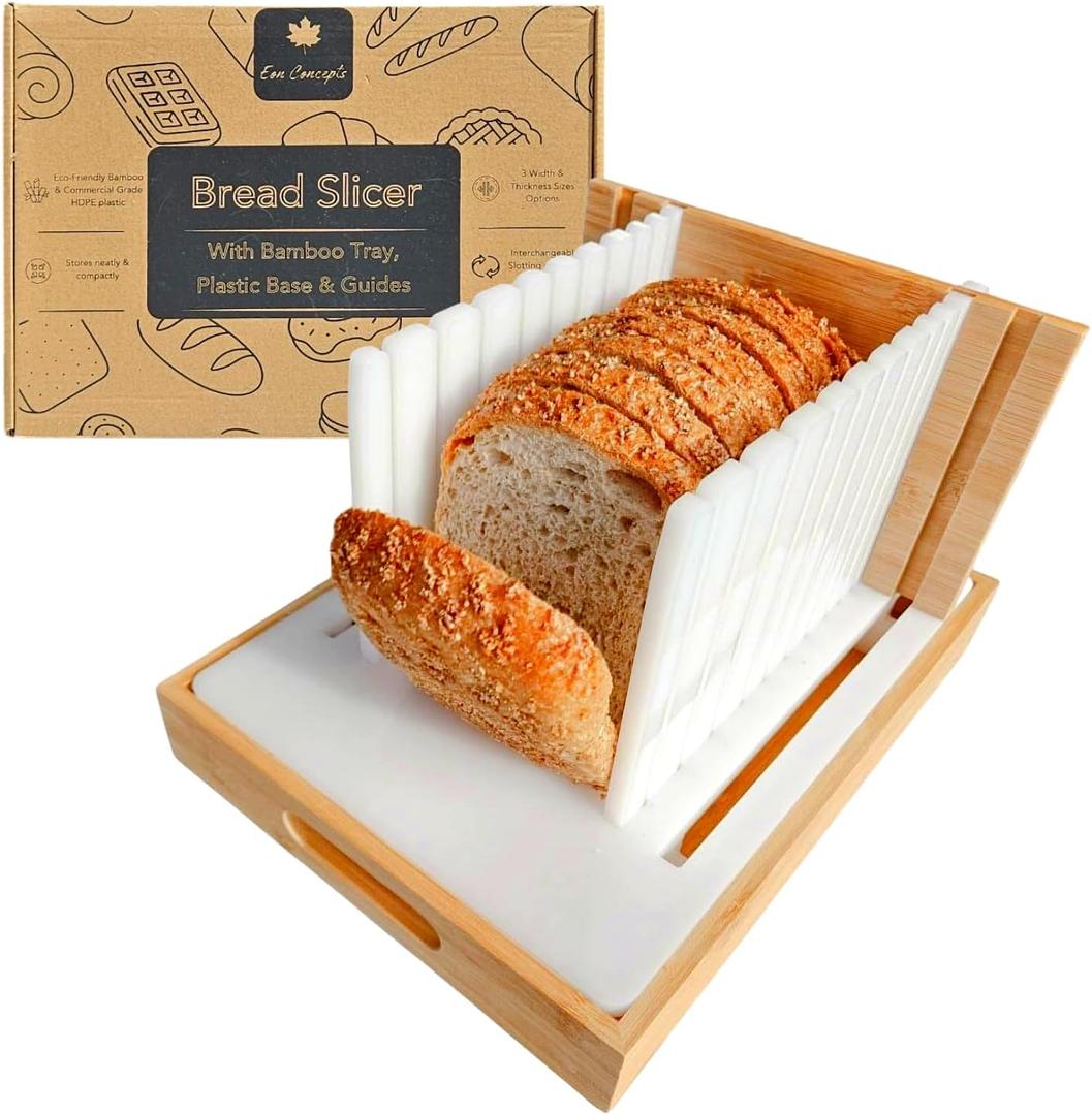 Bread Slicer Guide Cutter for Slicing Homemade Bread, Sourdough, Bagel, Loaves - 3 Adjustable Thickness & Widths, Bamboo Tray, Plastic Base, Foldable Compact, Kitchen Gadget & Gifts
