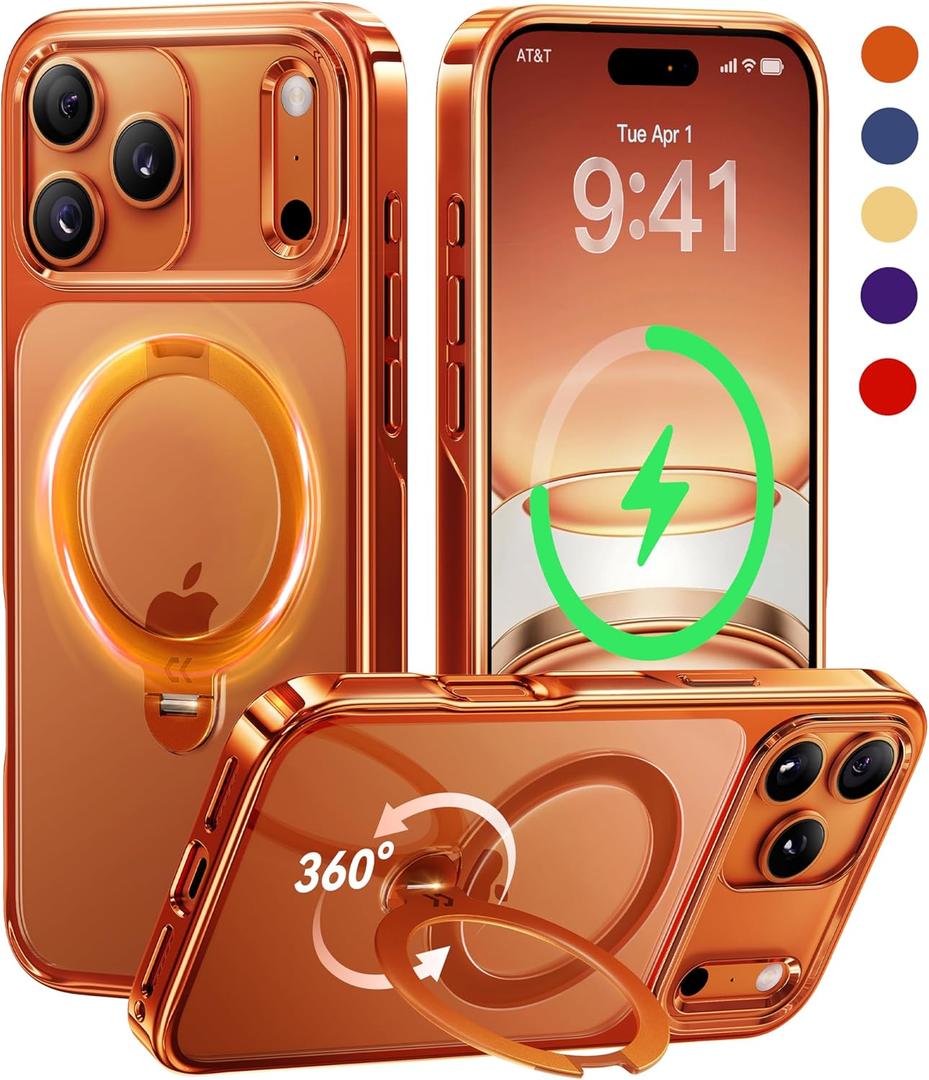 CASEKOO Glossy 360 Spin Magnetic Stand for iPhone 17 Pro Max Case [Fit for MagSafe][17FT Military Protection] Slim Hand-Polished Frame Titanium Alloy Sturdy Stand 6.9", Glossy Cosmic Orange