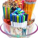 Acrylic Marker Organizer - Multipurpose 360 Rotating Holder for Pencil, Pen, Makeup Brushes, Crayon, Arts and Crafts Supplies - Clear Spinning Lazy Susan Non-Slip Organizing Caddy with Photo Slots