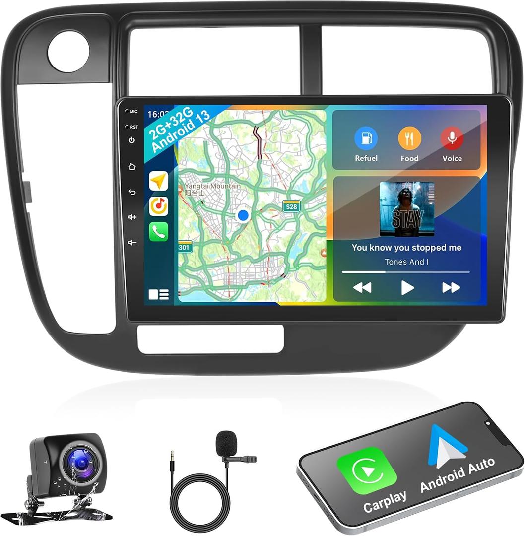 Podofo 2G+32G 2 Din Car Stereo for Honda Civic 1996-2001 with Wireless Carplay Android Auto,9 Inch Android 13 Car Radio Tourchscreen Support GPS/Mirror Link/SWC/FM&RDS Radio+AHD Backup Camera+Micphone