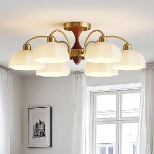 Milk Glass Chandelier Farmhouse Rustic Semi Flush Mount Ceiling Lamp Frosted White Globe Pendant Light Mid Century Modern Wood Grain Chandelier Sputnik Ceiling Light