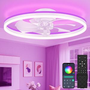 VOLISUN RGB Ceiling Fans with Lights and Remote, 23.6in Low Profile Ceiling Fans with Lights Flush Mount, 3000K-6500K Dimmable Fandelier LED Fan Light, White Bladeless Ceiling Fans for Bedroom