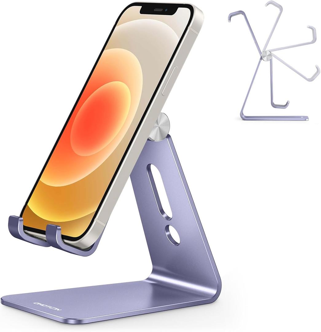 OMOTON Adjustable Cell Phone Stand, C2 Aluminum Desktop Cellphone Stand with Anti-Slip Base and Convenient Charging Port, Fits All Smart Phones, Haze Purple