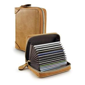 GAUENEEN Leather Business Card Holder, RFID Blocking 20 Slots Zipper Credit Card Organizer, Khaki