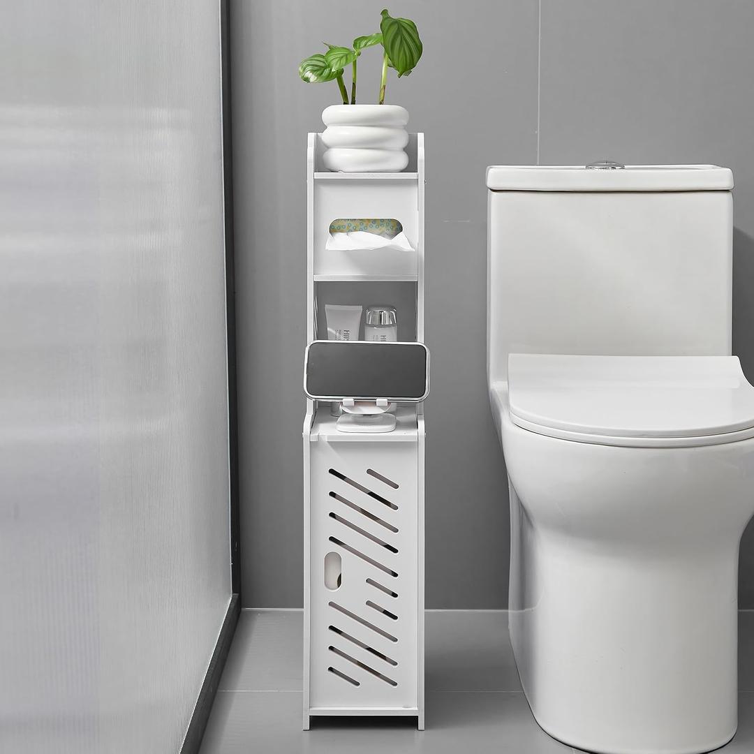 Doxo White Toilet Paper Holder Stand, Large Capacity Slim Bathroom Organizers and Storage Cabinet for Small Space (White)