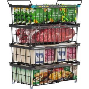 iSPECLE 4 Pack Freezer Organizer Bins, Adjustable Wire Baskets for 10 to 20 Cu.Ft Chest Freezer, Stackable Storage with Handles, Deep Freeze Organizer for Meat & Vegetables, Black
