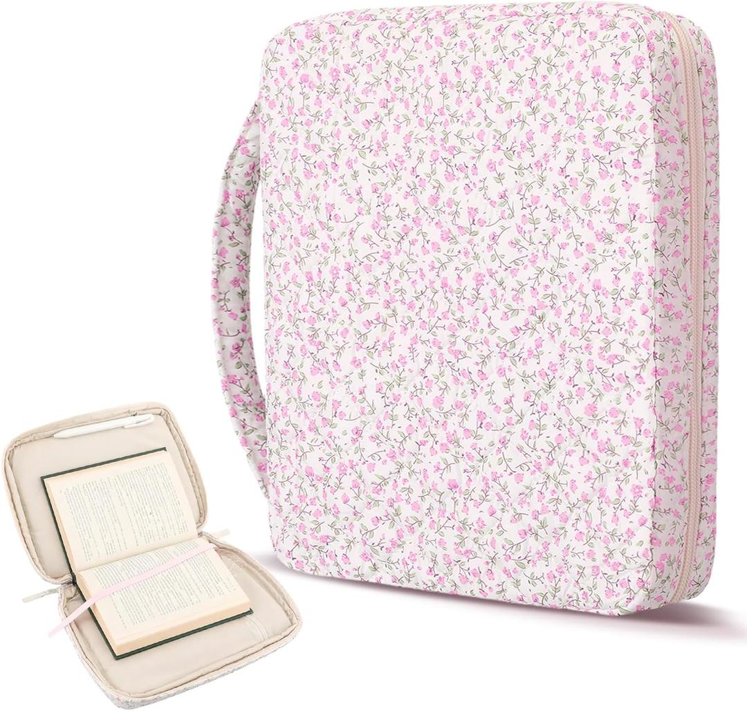 Aliceset Large Bible Cover Case for Women, Pink Floral Quilted Cotton Bible Carrying Case Organizer Bag with Handle and Zipper, for Christian Easter Gifts, Study Supplies Accessories
