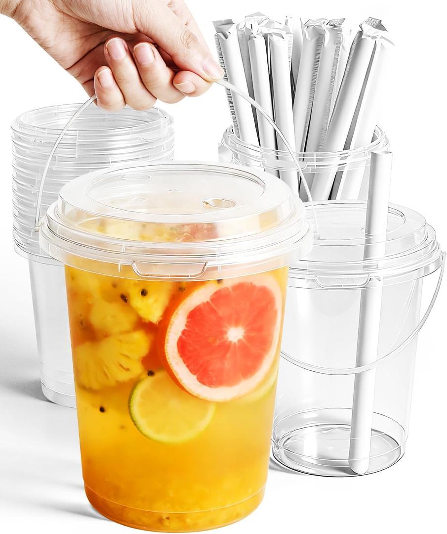 CHONNFEASTT, 36PCS Plastic Drink Buckets with Lids and Straws: 1L/34oz Clear Disposable To Go Iced Coffee Cups Rounded Bottom with Handle for Cocktails, Lemonade, Beach & Pool Party Drink Supplies