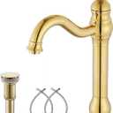 GGStudy 360 Swivel Single-Handle One Hole Bathroom Vessel Sink Faucet Matching Pop Up Drain Polished Gold Farmhouse Vanity Faucet
