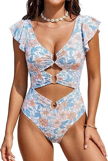 B2prity Women One Piece Swimsuit Tummy Control Ruffle Sleeve V Neck Bathing Suit Cutout Sexy High Waisted Monokini Orange Floral, XL