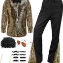 Mepase 70s Disco Outfit Costume Bell Bottom Pants Disco Shirts for Halloween Dress Up (L (Height53-64 In), Gold)