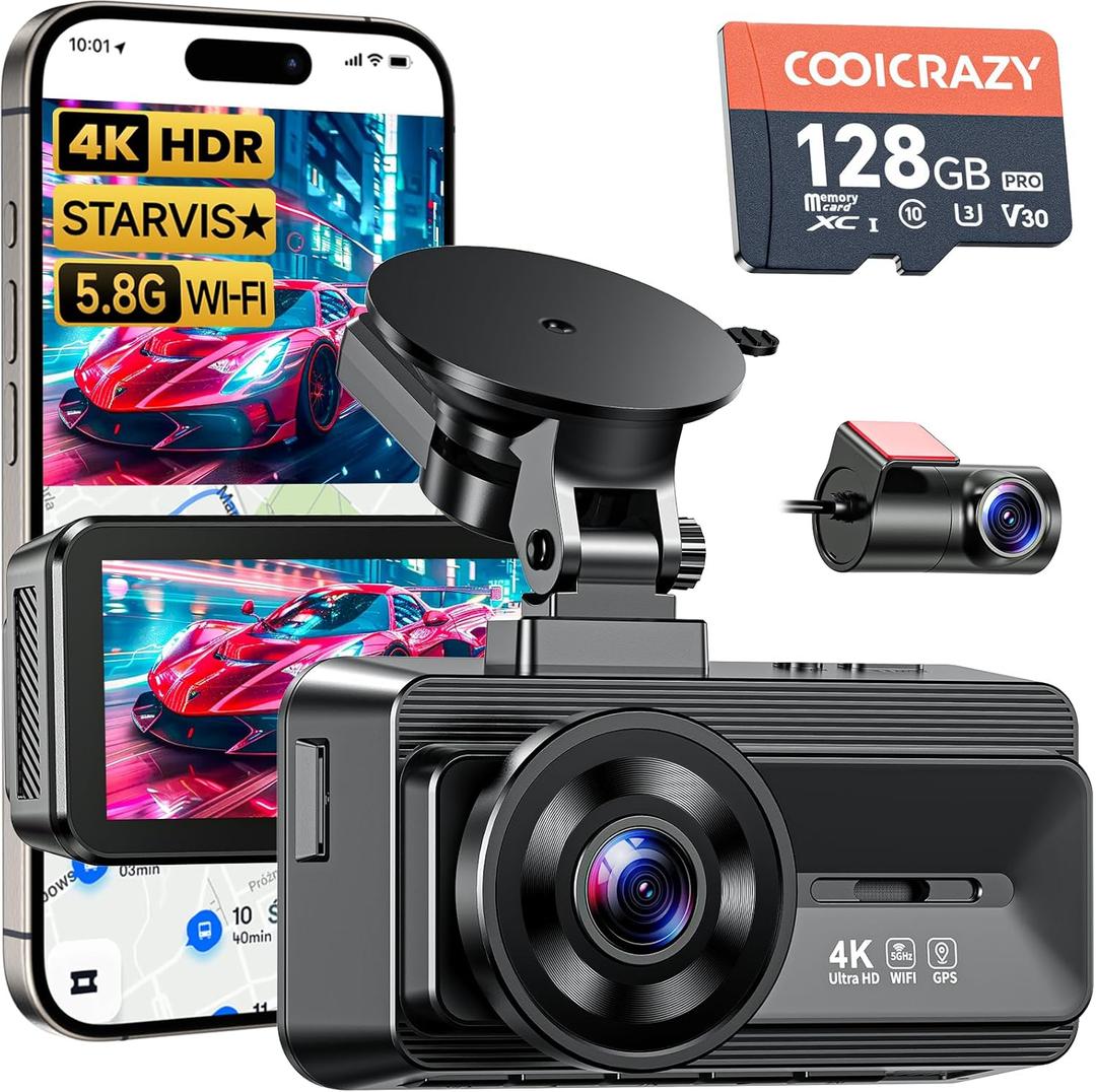 Coolcrazy 4K Dash Cam Front and Rear, STARVIS Sensor, Free 128GB Card Included, 5GHz WiFi-up to 20MB/s, Dual Dash Camera for Cars, Built-in GPS, G-Sensor, WDR/HDR Super Night Vision, 24H Parking Mode (Black)