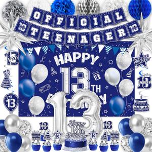 13th Birthday Decorations for Boys, 45Pcs Blue Silver Official Teenager Decorations Include Happy 13th Birthdays Backdrop Hanging Swirls 32inch 1 3 Foil Balloons for 13th Boy Girl Birthday Decor