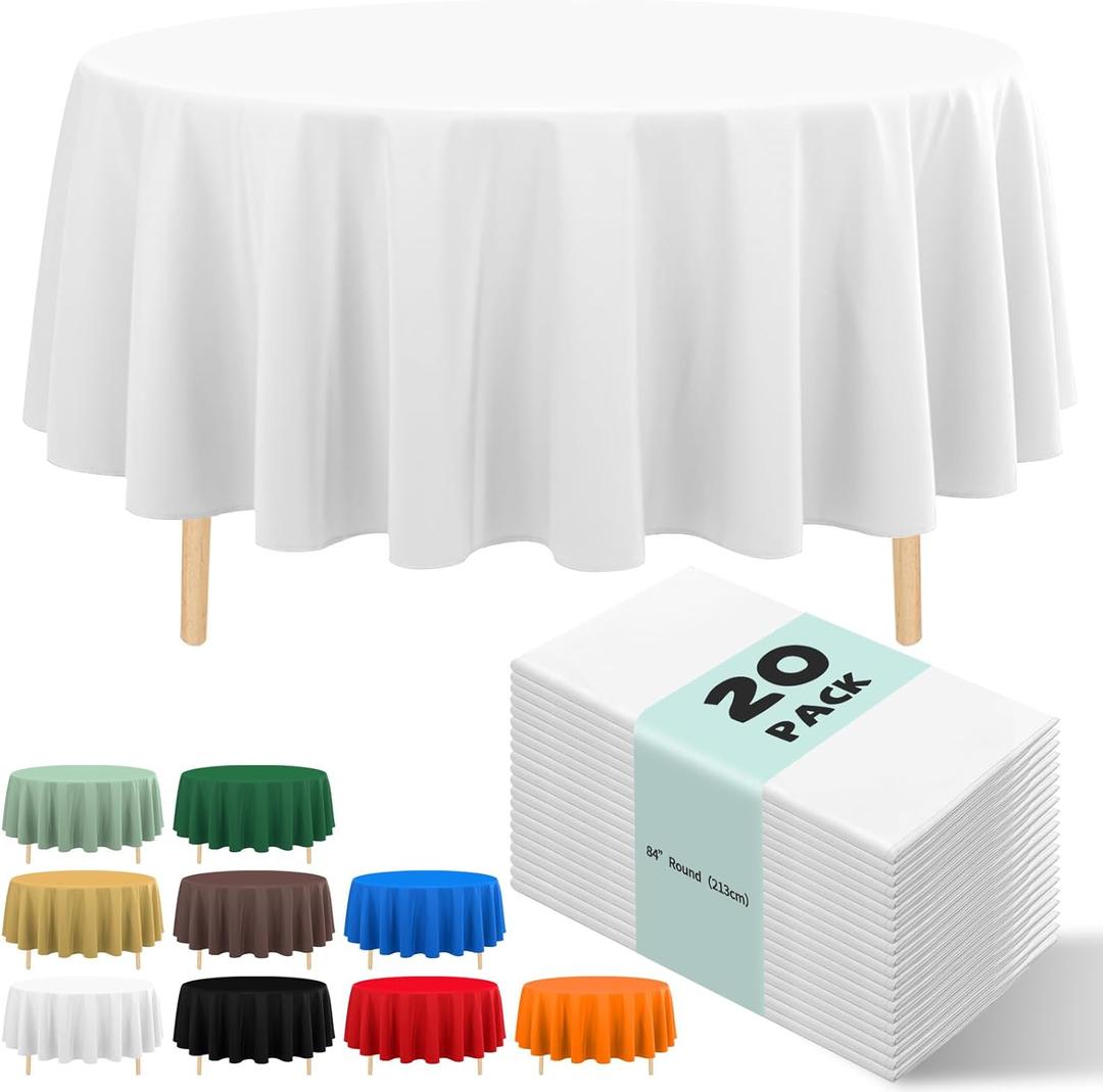 20 Pack White Disposable Plastic Table Cloth, 84" Round Premium Disposable Tablecloth for 6 to 8 Foot Party Birthday Wedding Indoor or Outdoor (20 Pack-Round, White)