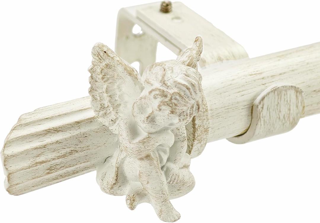 1-1/8 Inch Diameter Aged White Curtain Rods with Cherub Finial, 72-144'' Telescoping Single Curtain Rods for window width 68-140 inch, 1 pack