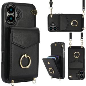 for iPhone 16 Case 6.1 inch, Minimalist Wallet Case with Ring Kickstand and Shoulder Strap, Shockproof Stylish Protective Cover for iPhone 16 -Black