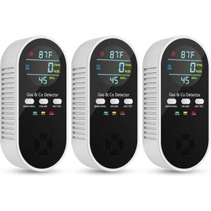 5-in-1 Carbon Monoxide Detectors, Natural Gas Leak Detector, Plug-in & Battery Backup Co Detector, HD Digital Display, CO Gas Temp Humidity Sensor, 3-Pcs, Black