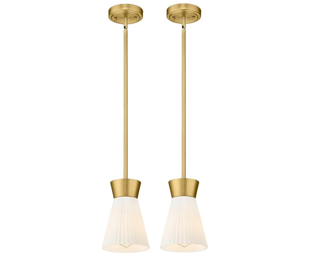 2 Packs Modern Pendant Light Fixtures, HWH Kitchen Island Lighting for Living Rooms, Dining Room, Hanging Light with Milk White Striped Glass, Gold Finish, 5HZG107MIL2PK BG