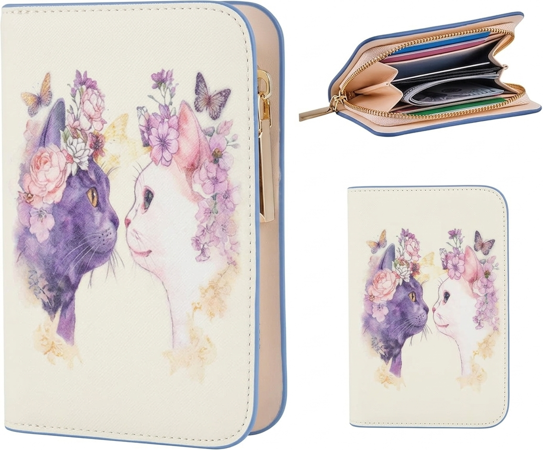 FiitCASE Cute Women Wallet, PU Little Women Coin Purse Wallet-Zipper Pocket Wallet,Small Slim Thin Credit Card Wallet for Female Ladies Teen Girls Girly,Cat Pattern (YinYang Bloom Cats)