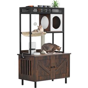 YITAHOME Cat Litter Box Enclosure with Shelves and Charging Station, Large Hidden Wooden Cabinet with Scratch Post, Feeding Station, and House Condo, Brown