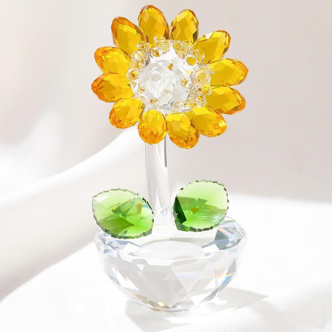 Movdyka Crystal Yellow Sunflower Decor Figurine Unique Gifts for Women Mom Birthday Cute Sun Flowers Home Office Table Decor Collectible Crystal Flower Glass Paperweight