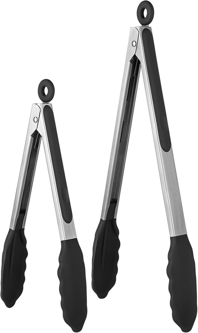 600F Heat Resistant Kitchen Tongs: U-Taste 9+12 inch Silicone Cooking Tong Set with Firm Sealed Non Stick Rubber Tips and Silicon Coated 18/8 Stainless Steel Handle for Serving Grilling Salad (Black)