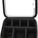 Travel Makeup Bag With LED Mirror, Portable Charging 3 Color Makeup Organizer Bag, Adjustable Brightness Cosmetic Train Case with DIY Dividers, for Women and Makeup Artists, Black