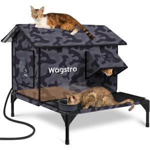 Wagstro Large Heated Cat House for Outside with Dampless Deck, Highly Elevated, Exit-Only Door, Waterproof Insulated Outdoor Cat Shelter for Feral Stray Barn Cat (27.5"x24.4"x24.8", Camo Black)