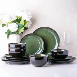 LERATIO Ceramic Dinnerware Sets for 4,Handcraft Stoneware Plates and Bowls Sets,Highly Chip and Crack Resistant | Dishwasher & Microwave & Oven Safe Dishes set,Reactive Glaze Dinnerware- Service for 4 (Dreamy Moonlight-Green)