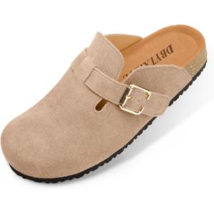 Women's Suede Clogs Leather Mules Slip On Sandals with Arch Support (11, Taupe)