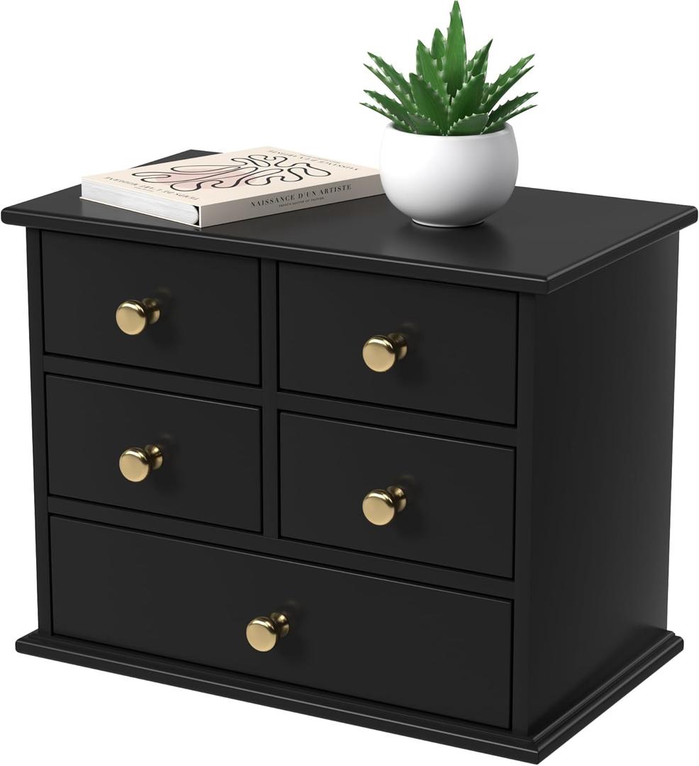 Oak Desk Organizer with Drawers, Durable Wooden Desktop Storage Box with Metal Handles & Non-Slip Silicone Pads, 5 Drawer Tabletop Organizer for Office, Bedroom, Bathroom, Vanity, and Makeup Black