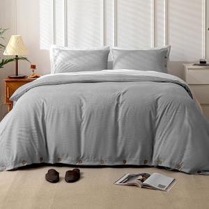 MUKKA Duvet Cover Set King Size Coconut Button Closure Heather Check Linen-Like Style 145g-Weight Durable Brushed Microfiber Elegant Soft Modern King Duvet Cover Light Grey King