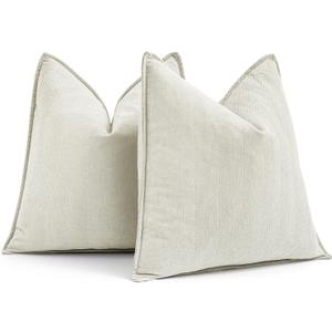 MIULEE Pack of 2 Cream White Decorative Pillow Covers 20x20 Inch Soft Chenille Luxurious Couch Throw Pillows Farmhouse Cushion Covers with Elegant Design for Sofa Bedroom Living Room Spring Decor