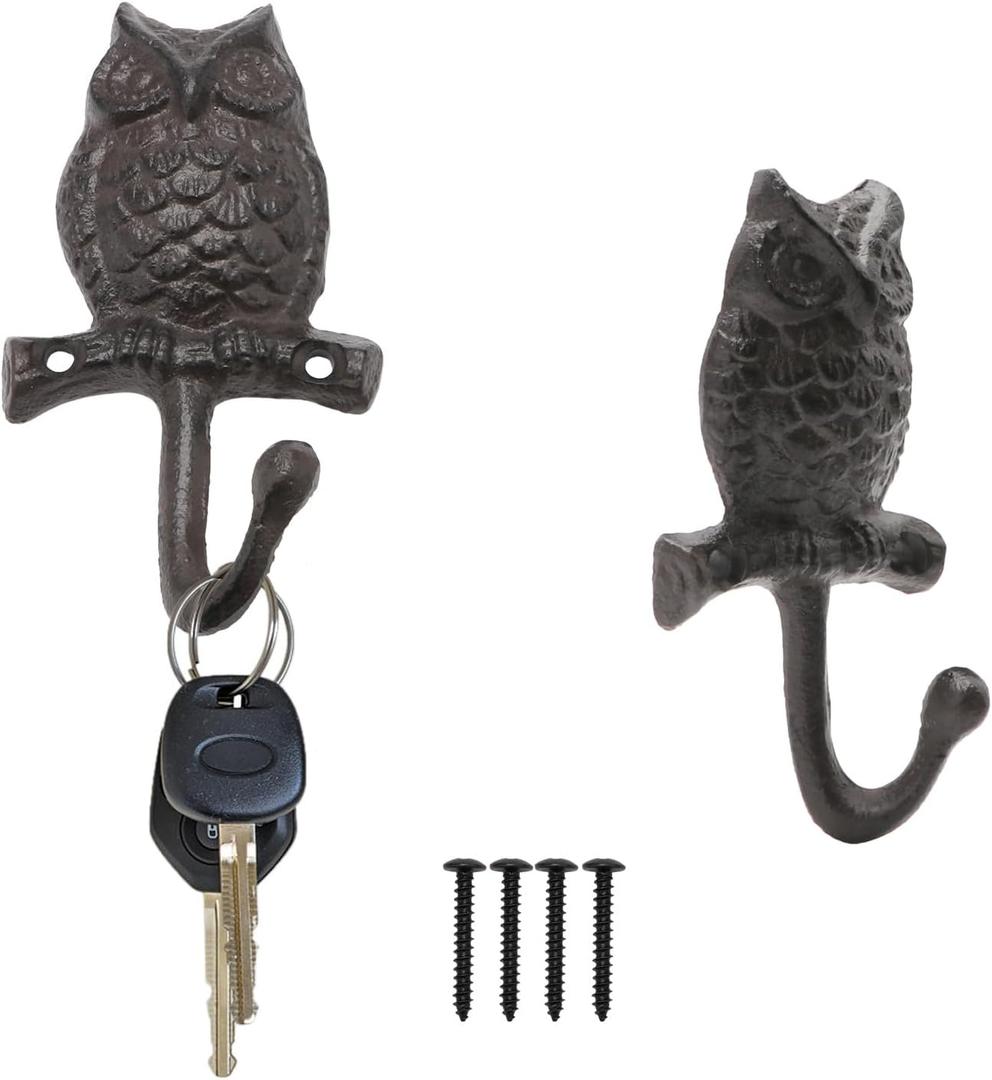 Cast Iron Owl Wall Hooks Rustic Outdoor Towel Hooks Home Hang Clothes Hats Animal Key Holder for Wall Indoor Farmhouse Decorative Hooks 2 Pcs (Owl)