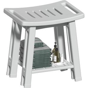Shower Chair for Inside Shower, Shower Stool with Anti-Slip Foot Covers hold 400 lbs, HDPE Bath Seat with Bottom Storage Rack & Portable Armrest, Bench Chair for Adults, Elderly & Disabled, Light Gray