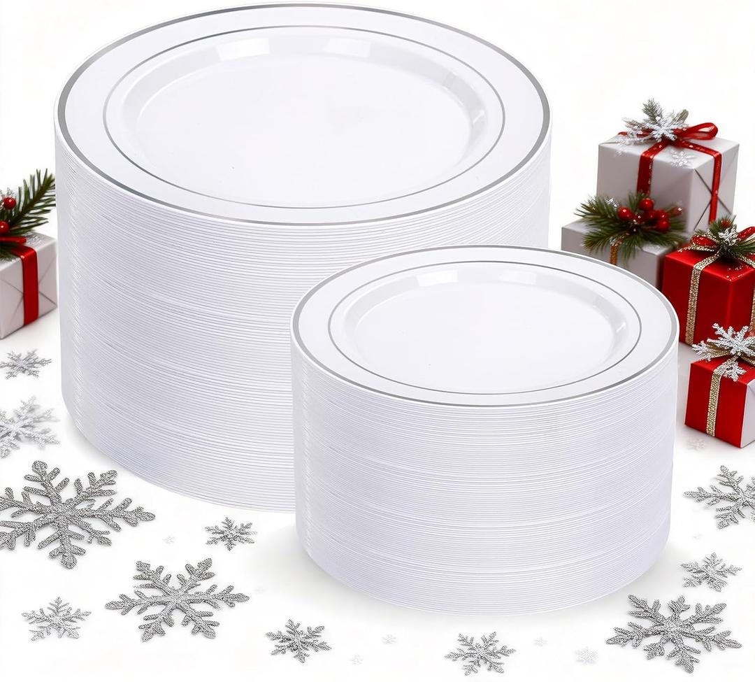 I00000 200 Pcs Silver Plastic Plates - Silver Disposable Party Plates Include 100 Dinner Plate and 100 Elegant Dessert Plate Perfect for Party, Holiday, Wedding & Birthday