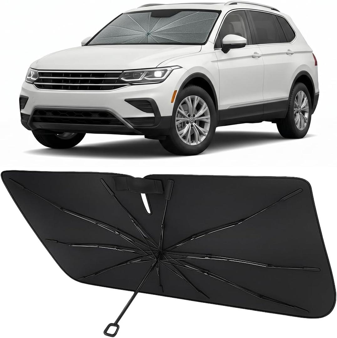 Proadsy Windshield Sun Shade Umbrella for Volkswagen Tiguan 2025 2026 Foldable Car Umbrella Sunshade with Soft TPU Handle Spring Structure Crystal Cooling Material Protect Car from Rays & Heat