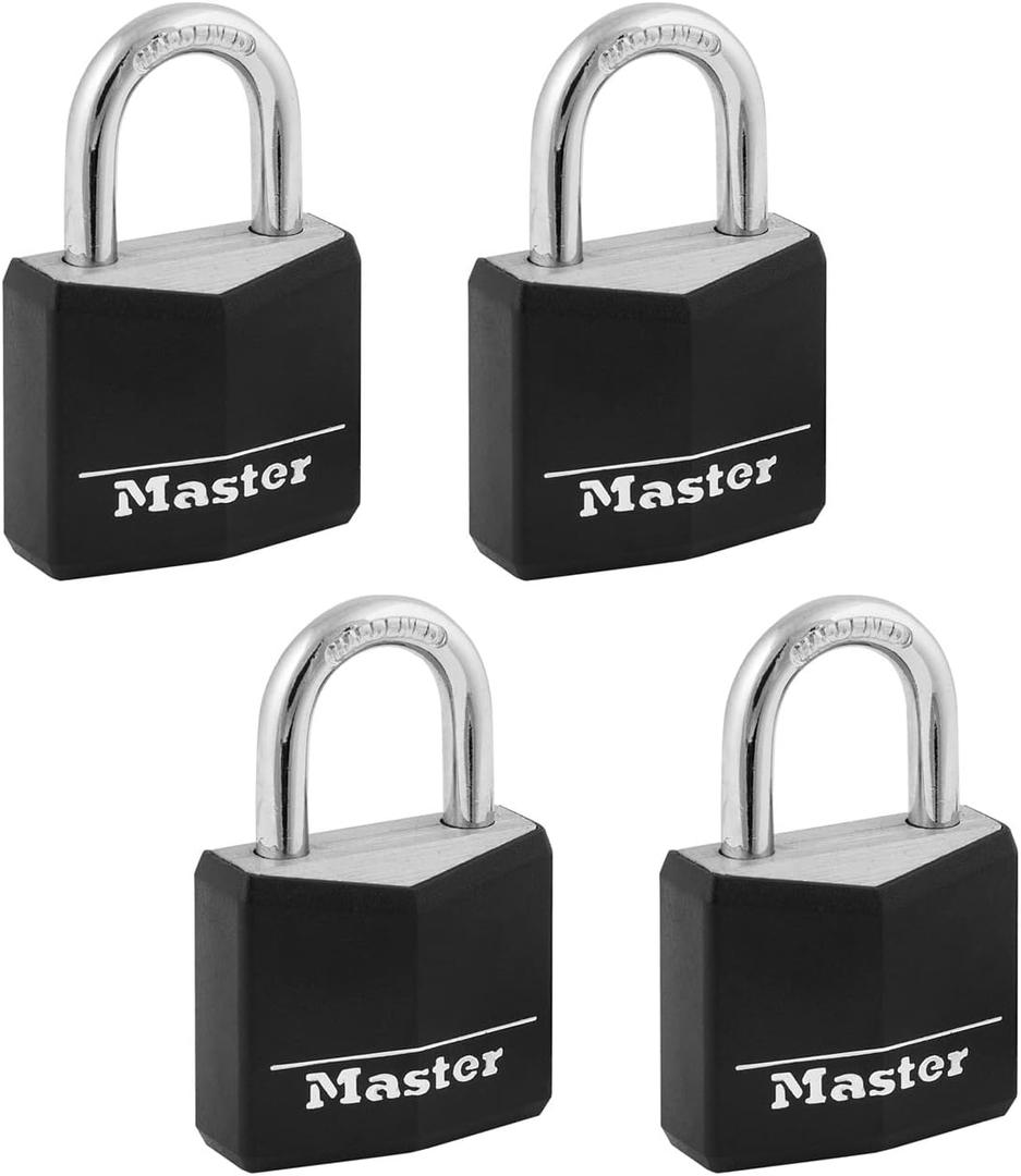 Master Lock Black Outdoor Key Lock, Standard Weather Resistant Padlock with Cover, Keyed Alike Padlocks for Lockers, Fences, Sheds, or Other Equipment, 4 Pack, 131Q (4 count (Pack of 1))