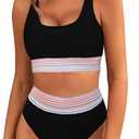 BMJL Women's High Waisted Bikini Sets Sporty Two Piece Swimsuits Color Block Cheeky High Cut Bathing Suits, Medium