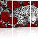 Kalormore 3 Pieces Wildlife Animal Canvas Wall Art Black and White Burgundy Red Leopard with Yellow Eyes in Blossom Poeny Flowers Painting Picture Framed and Stretched Artwork for Modern Living Room (16 x 24 inches)