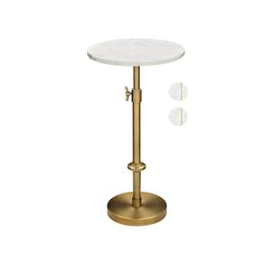 Adjustable-Height Marble Drink Table - 12x12x22-30, White Marble & Antique Brass, Modern Round End Table, Side Table with Pedestal Stand for Small Spaces, Vintage Metal Martini Cocktail Accent