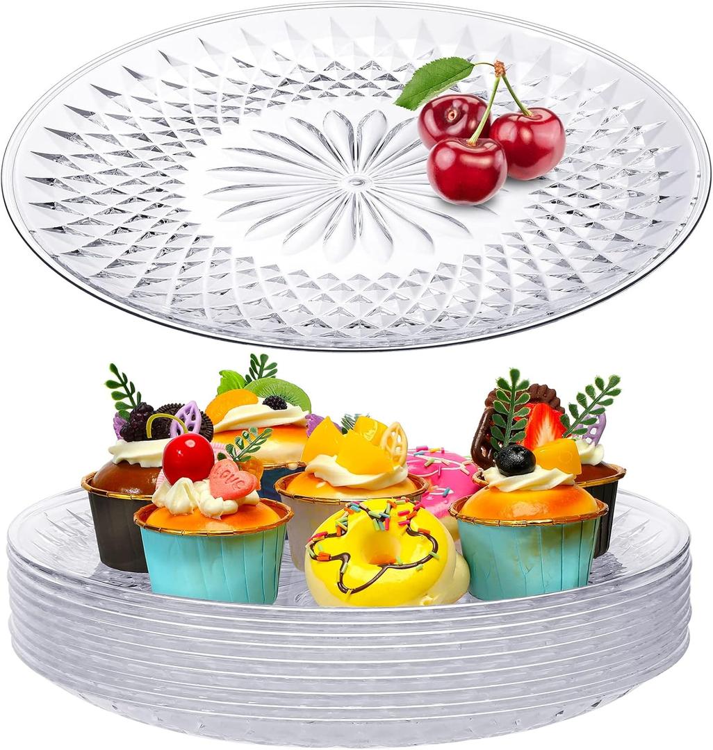 Fumete 10 Pcs Round Plastic Serving Platters 12 Inch Clear Plastic Tray Acrylic Crystal Flan Plates for Engagement Party Food Cake Cookie Fruits Birthday Wedding Supplies