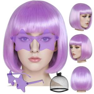 ANOGOL Hair Cap + (Sunglasses) Light Purple Bob Wig with Bangs Womens Purple Wigs with Star Shape Sunglasses Short Neon Wig for Daily Party Outfit Fun wigs for Halloween Costume Night Club Hair