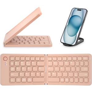 Mini Foldable Bluetooth Keyboard - Portable Wireless Full Size Keyboard (Sync Up to 3 Devices), Ultra-Slim Aluminum Travel Folding Keyboards for iPhone iPad Mac Android Windows iOS (Pink)