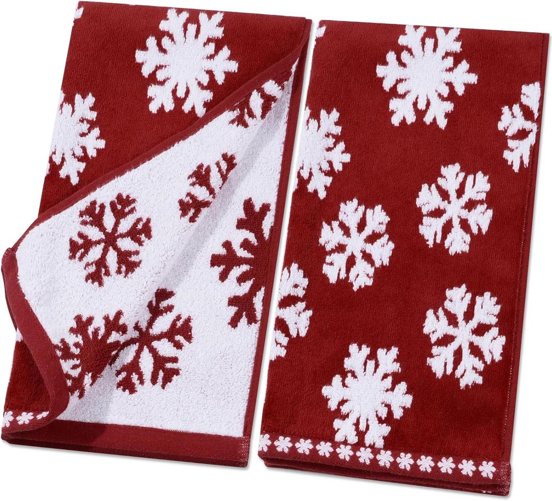 Shemilly 2pcs Christmas Hand Towels Red White Snowflake Jacquard Hand Towel for Bath 100% Cotton Thick Soft Bathroom Kitchen Decorative Set for Xmas Winter Holiday Decor Gift,16 x 27 Inch