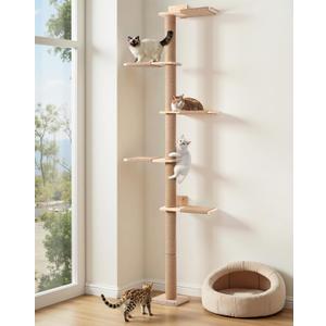 PawGiant Tall Cat Tree for Wall 83.9inch, Wood Cat Wall Shelves for Kittens, Wall-Mounted Cat Tower with Scratching Post for Play, Climb & Scratching, 5 Tier Platforms