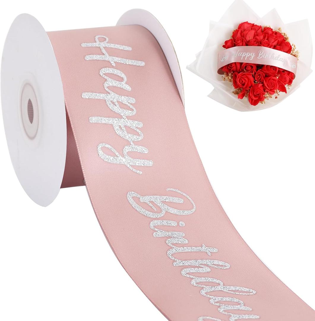 TONIFUL Glitter Rose Gold Happy Birthday Satin Ribbon 2 Inch x 10 Yards Wide Printed Shiny Ribbon for Gift Wrapping,Flower Bouquet Decoration,Crafts,Banner Making and Party Supply