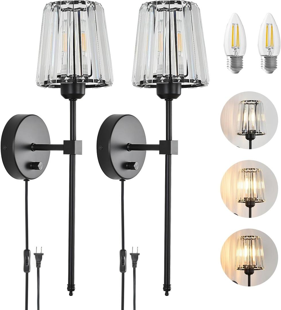 Crystal Wall Sconces Set of 2, Dimmable Wall Sconce with Plug in Cord and Dimmer Matte Black Plug in Wall Lamp Wall Mounted Light with Crystal Shade for Living Room Bedroom Vanity Light Bulbs Included